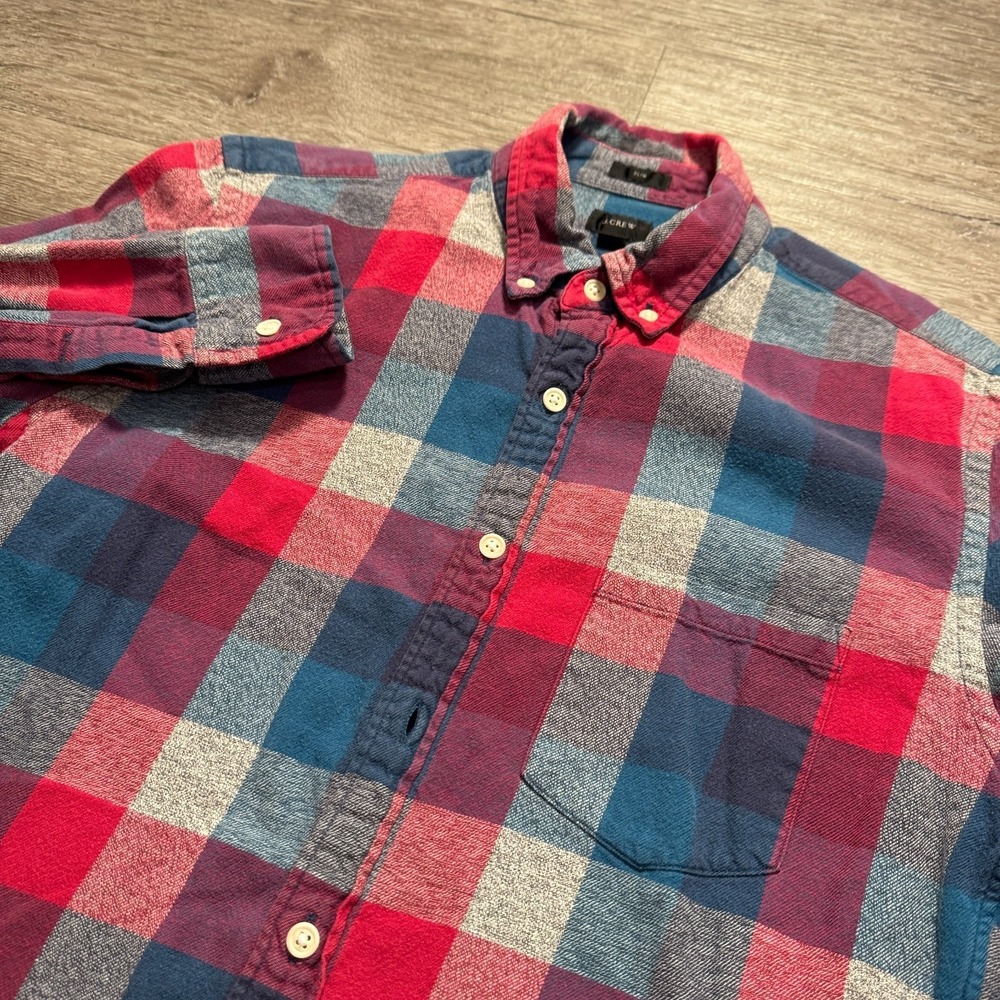 J Crew Shirt Mens Medium Red Blue Plaid Button Up Flannel Adult Oxford Cotton